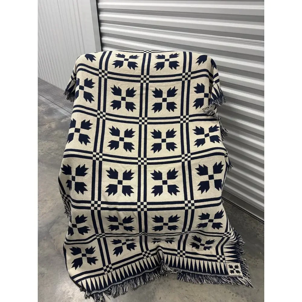 Woven Throw Blanket 72x50 Navy Cream Geometric Fringe Boho Farmhouse Decor